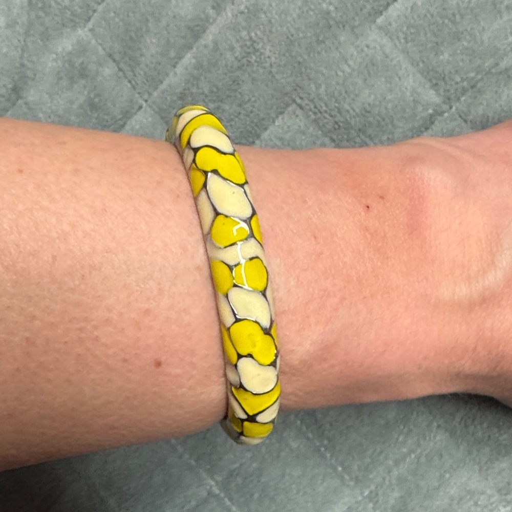 Vintage Silver and Enamel Hinged Bangle Bracelet, Yellow, Honeycomb, Retro, Boho